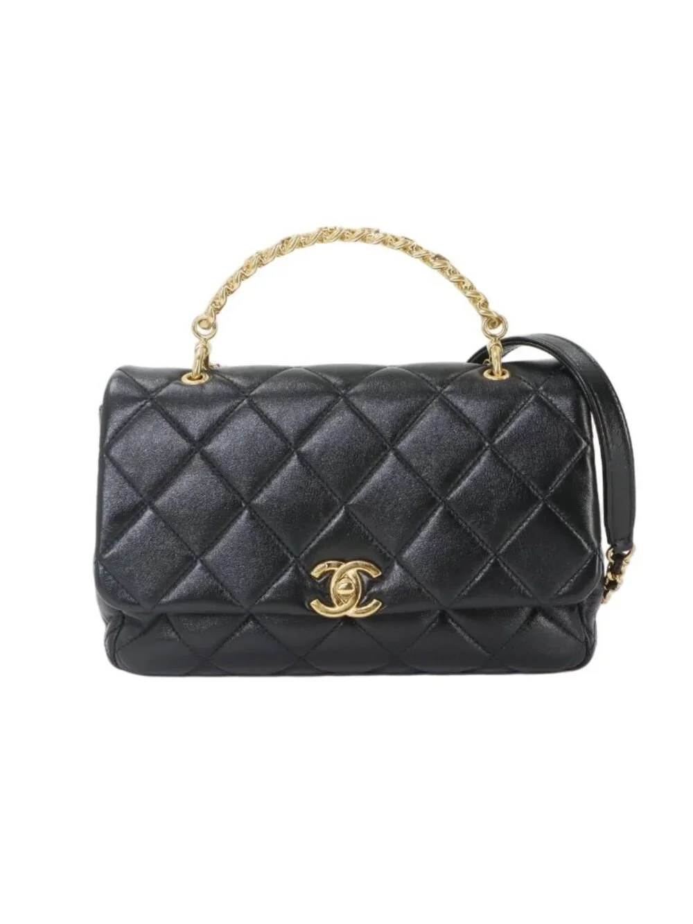 Chanel Quilted 2-Way Bag Leather Black Gold Bag
